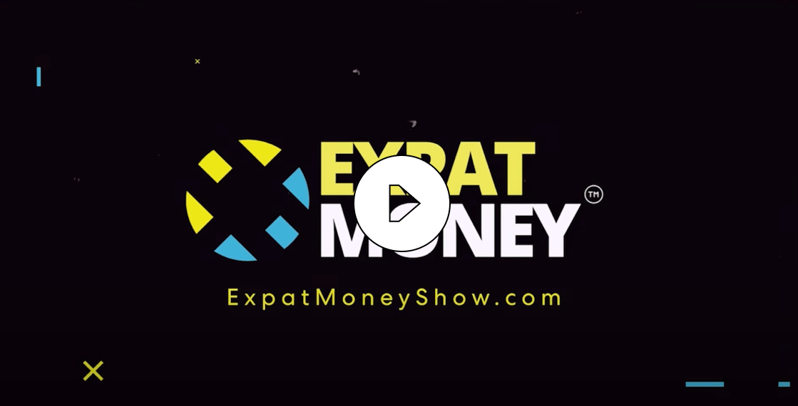 Expat Money logo with blue and yellow graphic elements on black background and website URL ExpatMoneyShow.com.