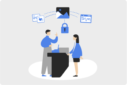 Illustration of two people with a laptop and documents above them connected by a padlock symbolizing data protection.