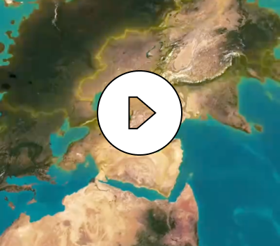 Satellite view of the Middle East and North Africa with a white circular play button in the center.