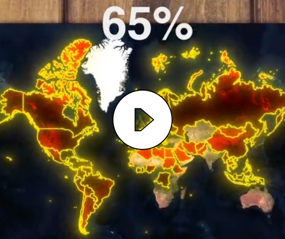 World map with countries outlined in yellow glowing lines and shaded in red, orange, and beige, with a large white percentage '65%' at the top.