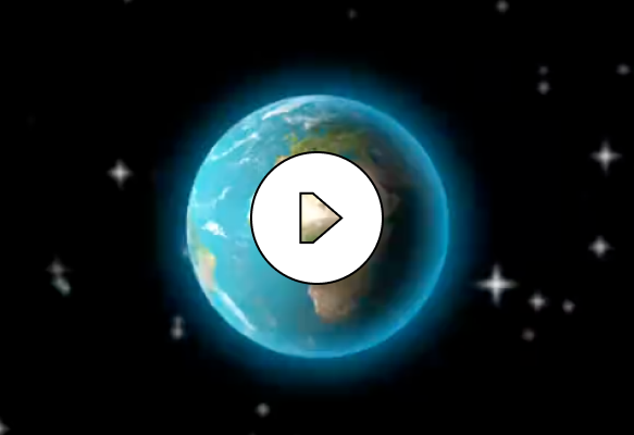 View of Earth from space with continents and oceans visible, surrounded by stars and a play button overlay in the center.