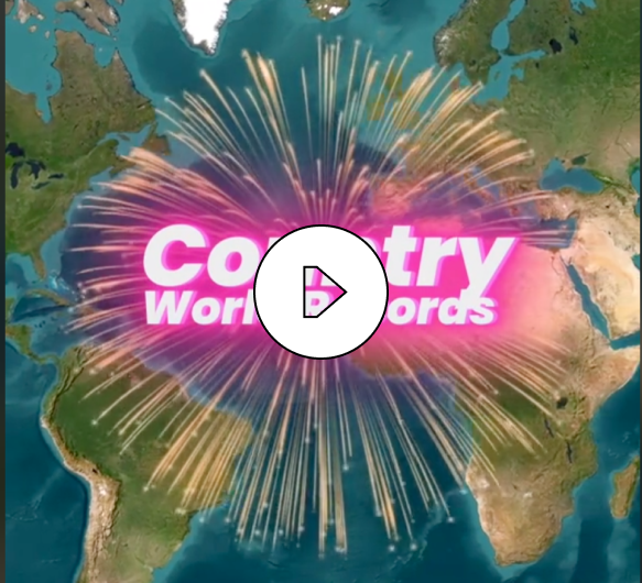 World map centered on the Atlantic Ocean with fireworks and the text 'Country World Records' in pink and white.