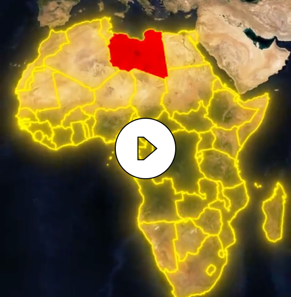 Map of Africa with country borders highlighted in yellow and Libya colored in red.