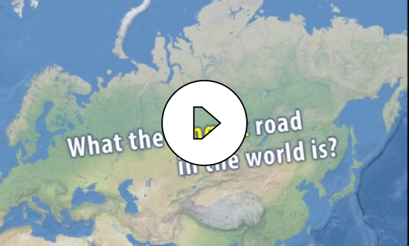 Map of Eurasia with overlaid text asking 'What the   road in the world is?' and a play button icon in the center.
