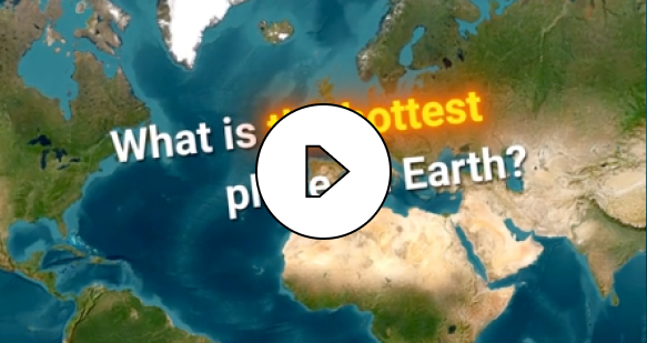 Map of the Earth’s Atlantic Ocean region with text asking, 'What is the hottest place on Earth?'