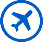 Blue airplane icon inside a blue circle with a white background.