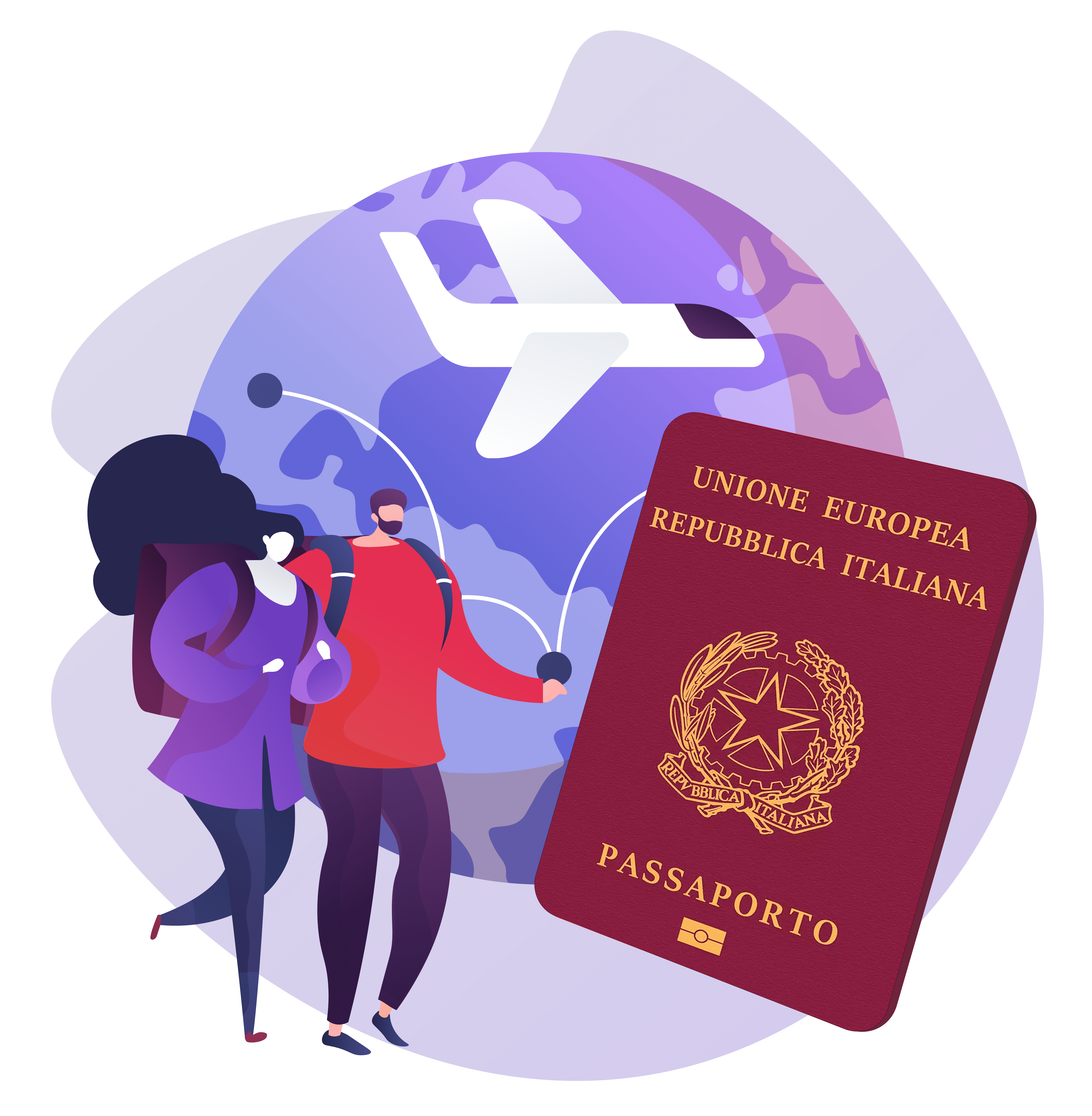 Illustration of a man and woman with backpacks, a large Italian passport, a globe, and a flying airplane symbolizing travel.