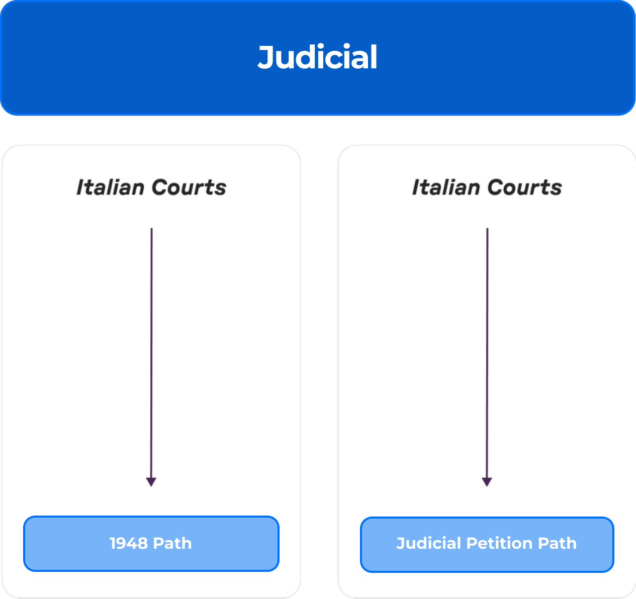 Diagram titled 'Judicial' showing two paths from Italian Courts: one leading to the '1948 Path' and the other to the 'Judicial Petition Path'.
