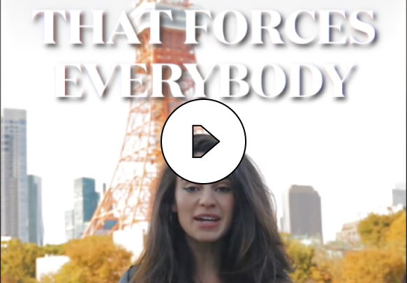 Woman speaking outdoors with a cityscape and tall tower behind her, and bold white text above reading 'THAT FORCES EVERYBODY'.