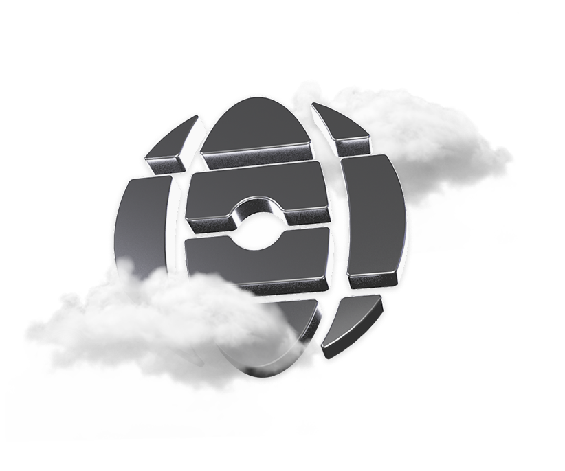 3D metallic segmented circular emblem partially covered by two white clouds.