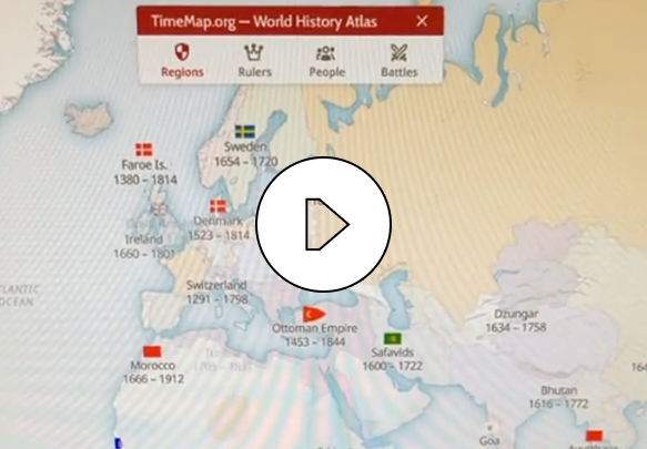 Map of Europe and surrounding regions from TimeMap.org World History Atlas showing historical regions and their dates from 1291 to 1912 including the Ottoman Empire, Sweden, Denmark, Switzerland, Morocco, and Safavids.