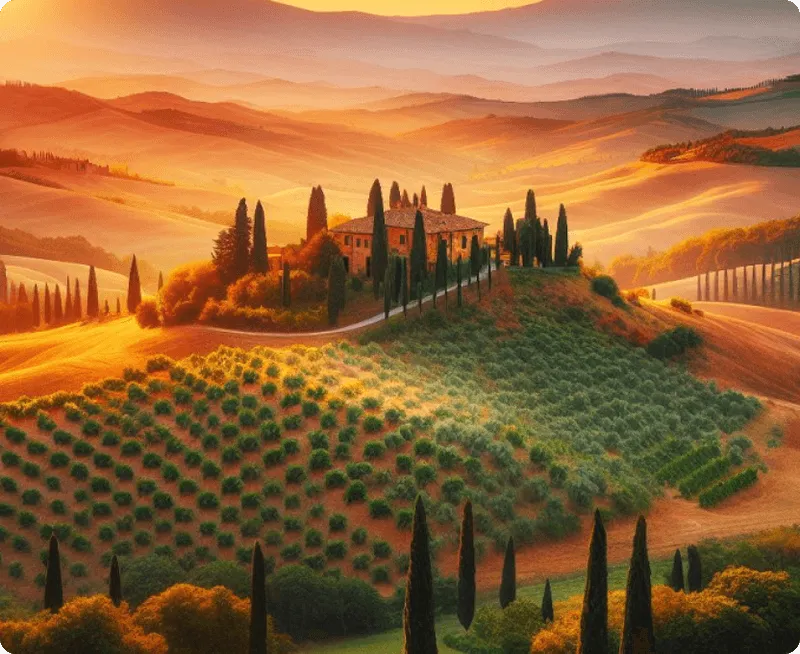 Sunset over rolling hills with a rustic farmhouse surrounded by cypress trees and farmland.