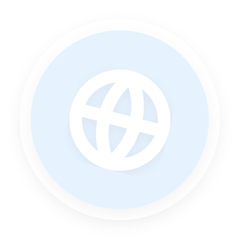 White globe icon with latitude and longitude lines inside a light blue circular background with white border.