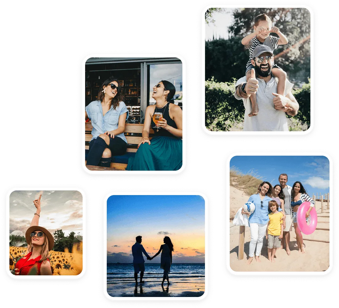 Collage of five photos showing people enjoying outdoor activities, including friends laughing on a bench, a man carrying a child on his shoulders, a woman in a sunflower field, a couple holding hands on a beach at sunset, and a family smiling on a sandy beach.