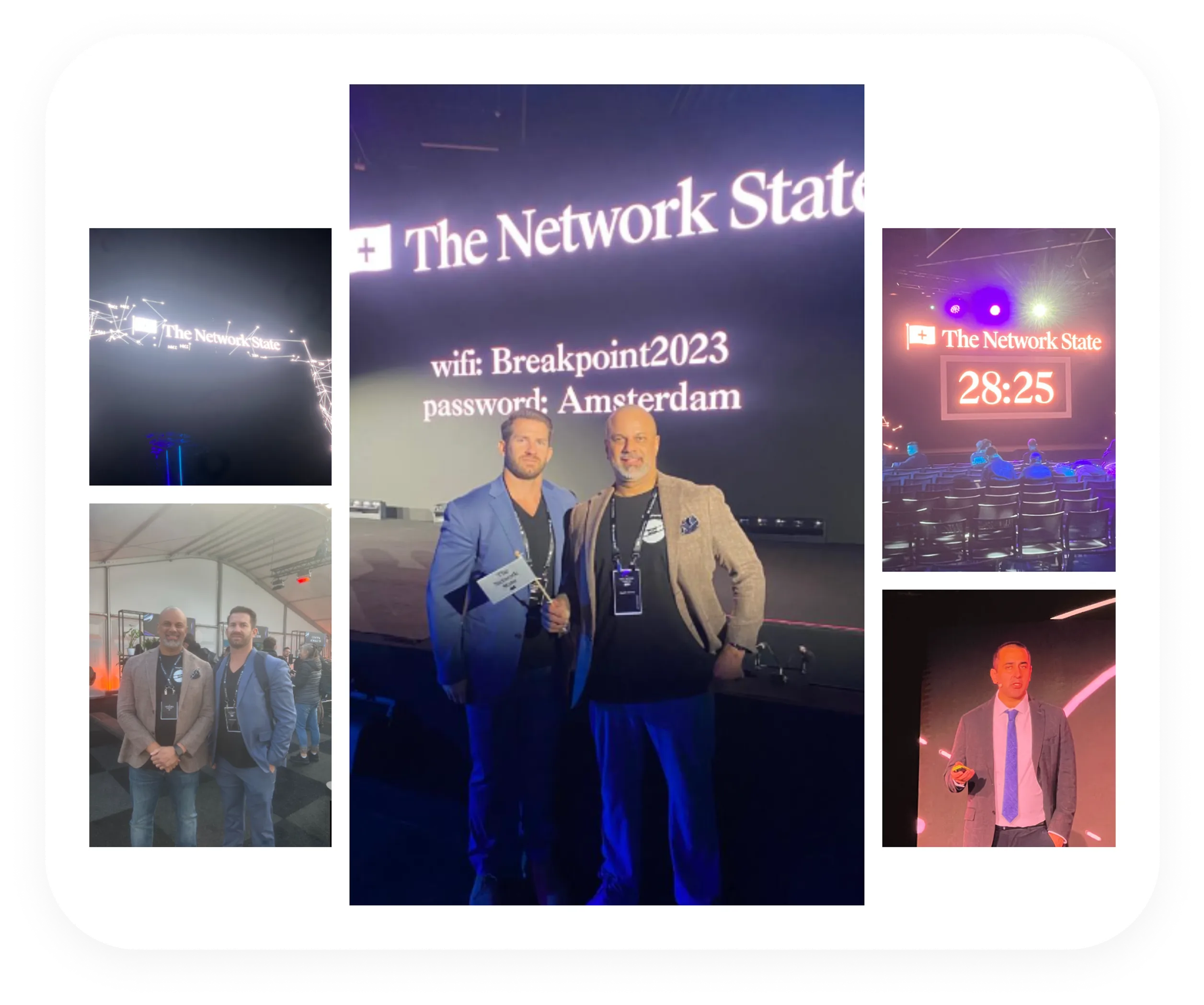 Collage of five photos from The Network State event showing event signage, wifi details, attendees posing, an empty stage with timer, and a speaker presenting.