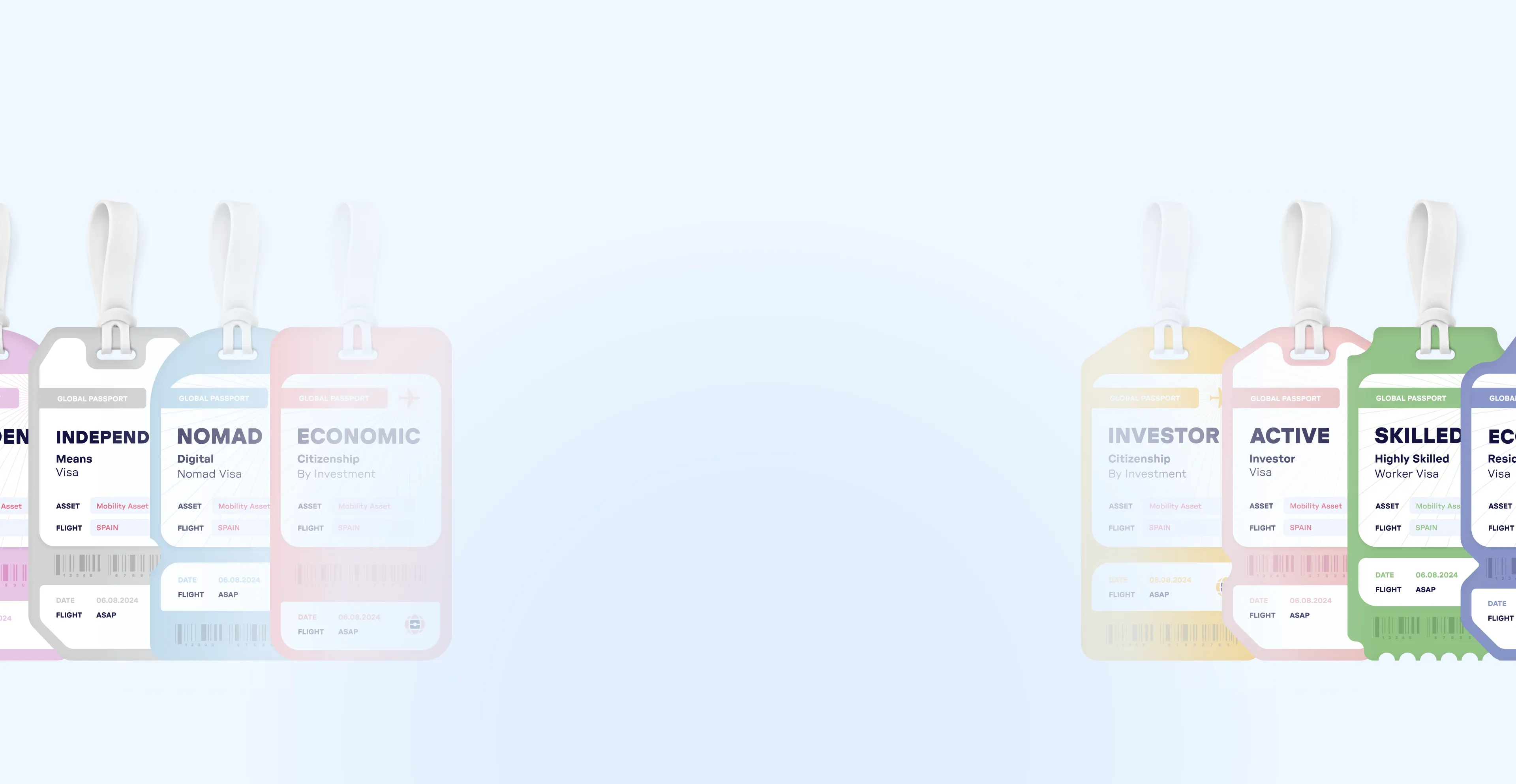 Row of colorful travel tags with labels for different visa types including Independent, Nomad, Economic, Investor, Active, Skilled, and Economic Residency.