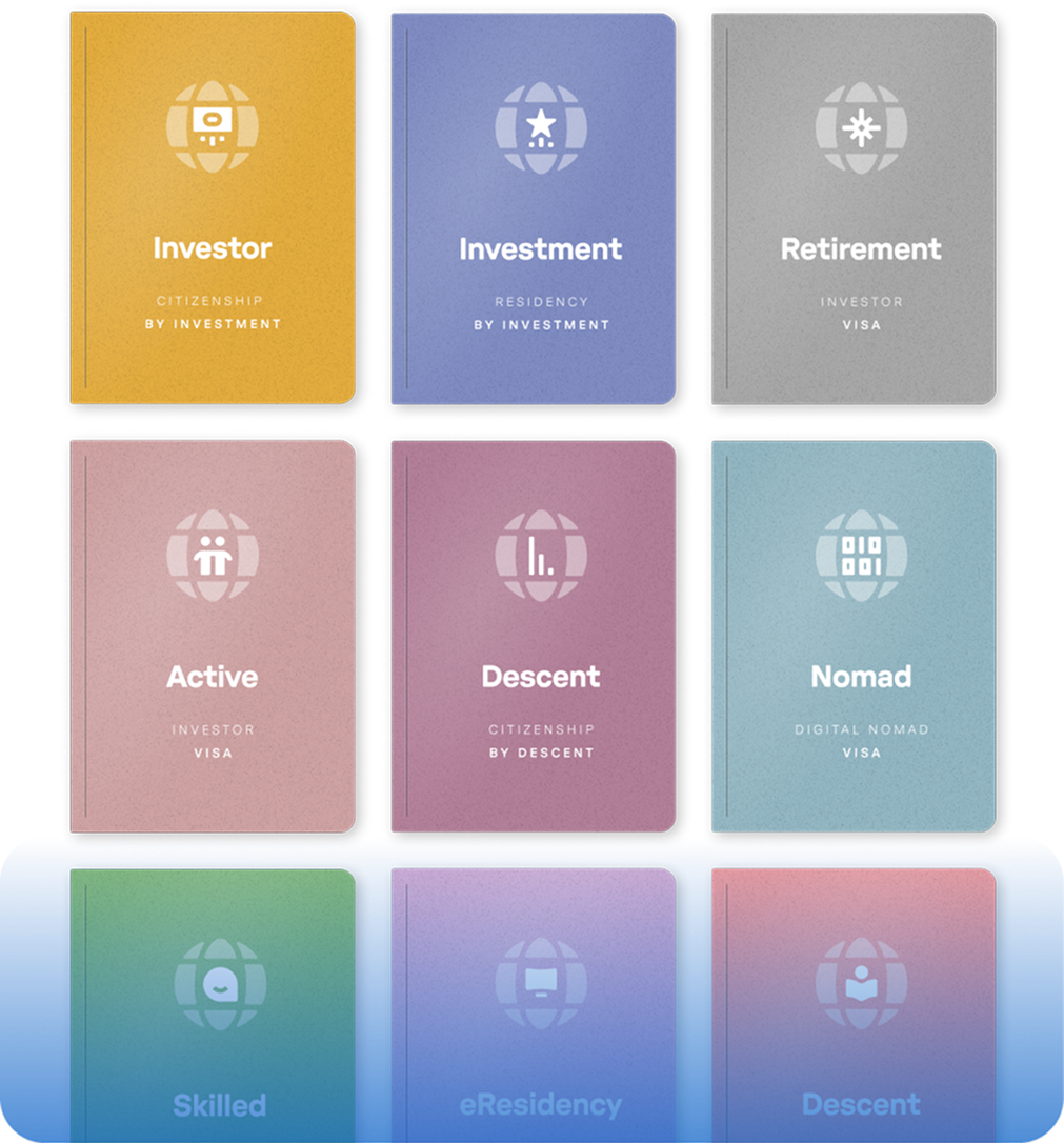 Nine colorful passport-style booklets labeled Investor, Investment, Retirement, Active, Descent, Nomad, Skilled, eResidency, and Descent with icons and subtitles related to citizenship, residency, or visa types.