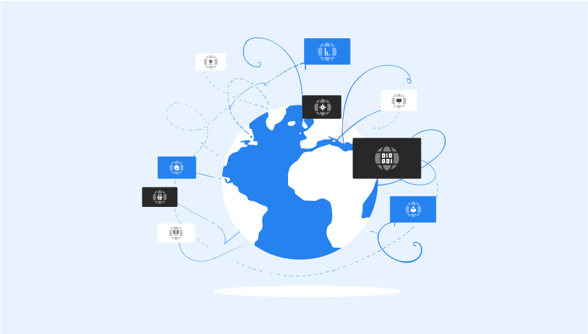 Illustration of a blue and white globe with icons representing global connectivity linked by curved lines on a light blue background.