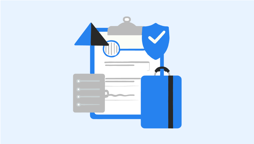 Graphic of a clipboard with a document, shield with checkmark, checklist, paper airplane, and suitcase, representing secure travel or business compliance.