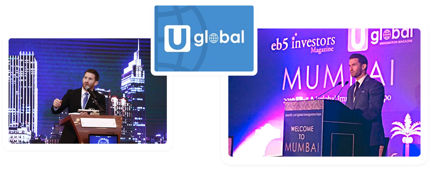 Two images of a man in a suit speaking at podiums during international events; centered Uglobal logo with globe icon in blue background.