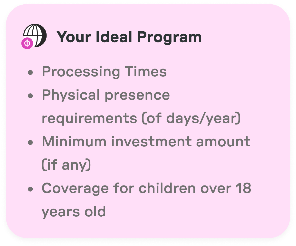 Pink card titled 'Your Ideal Program' with bullet points on processing times, physical presence requirements, minimum investment amount, and coverage for children over 18.