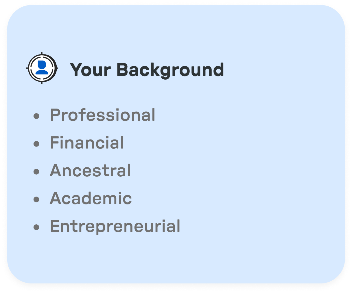 List titled 'Your Background' with bullet points: Professional, Financial, Ancestral, Academic, Entrepreneurial on a light blue rounded rectangle background.