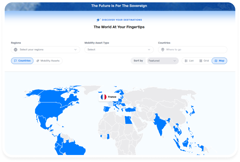 Interactive world map highlighting countries in blue with a tooltip showing the flag and name of France.
