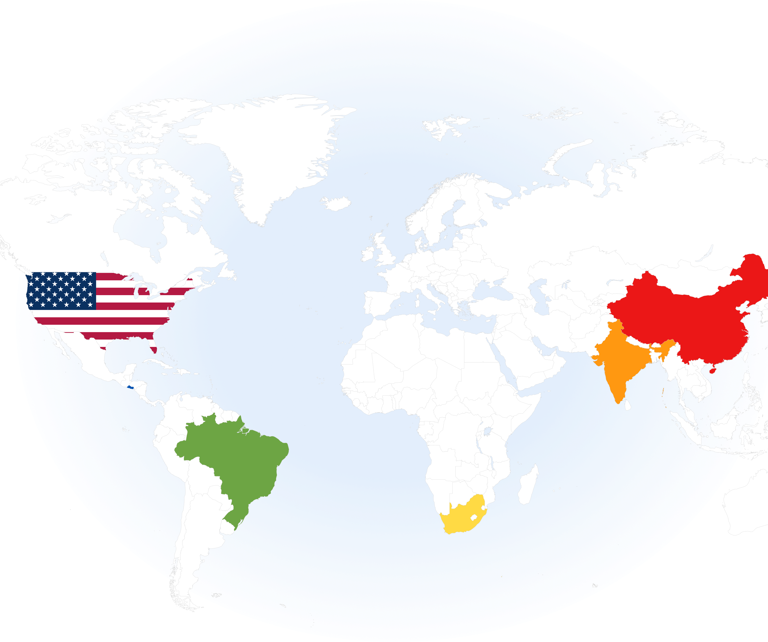 World map highlighting United States with its flag, Brazil in green, South Africa in yellow, India in orange, and China in red.