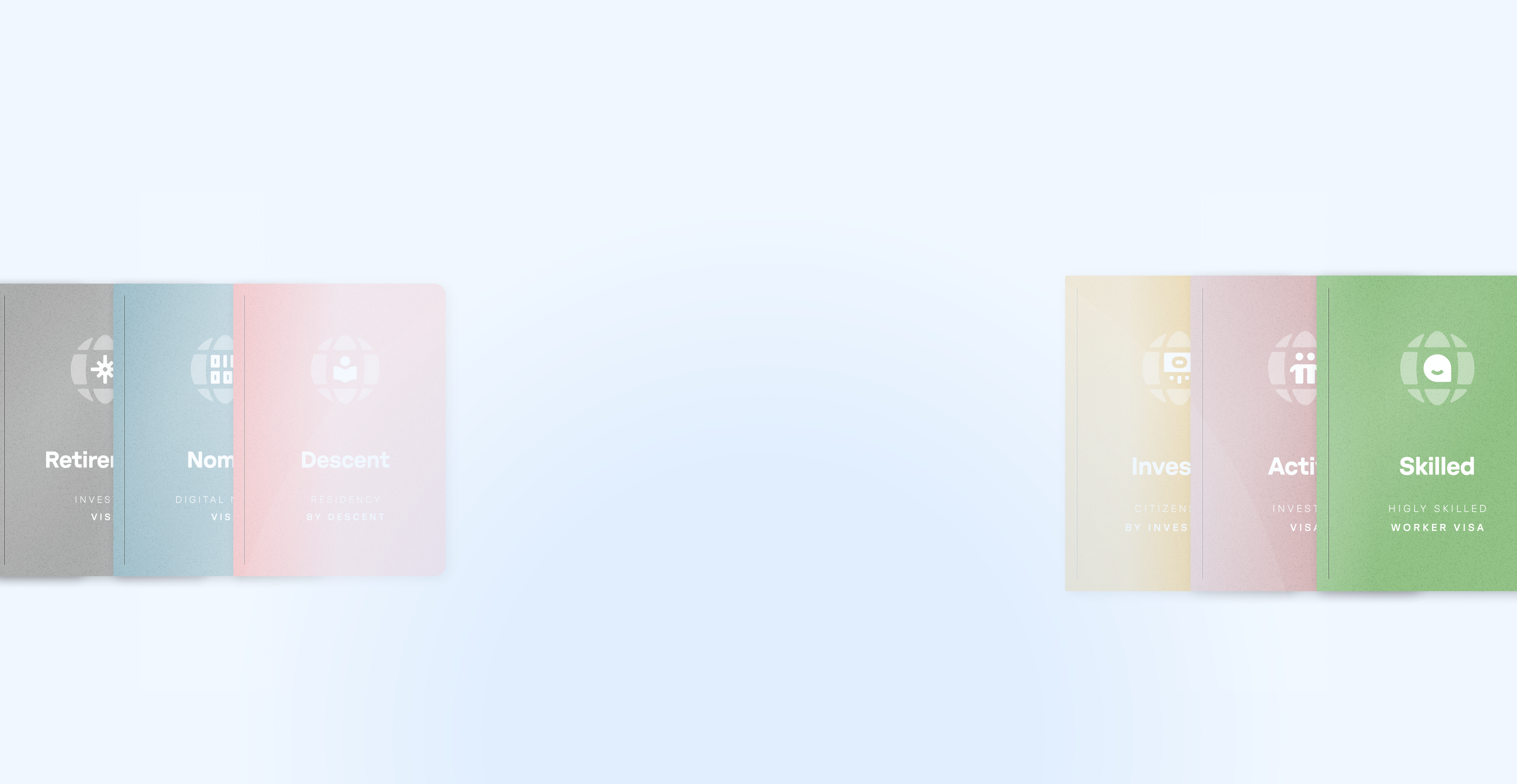 Six colored cards fanned out on opposite sides with visa types: Retirement, Nomad, Descent on left, and Investor, Active, Skilled on right.