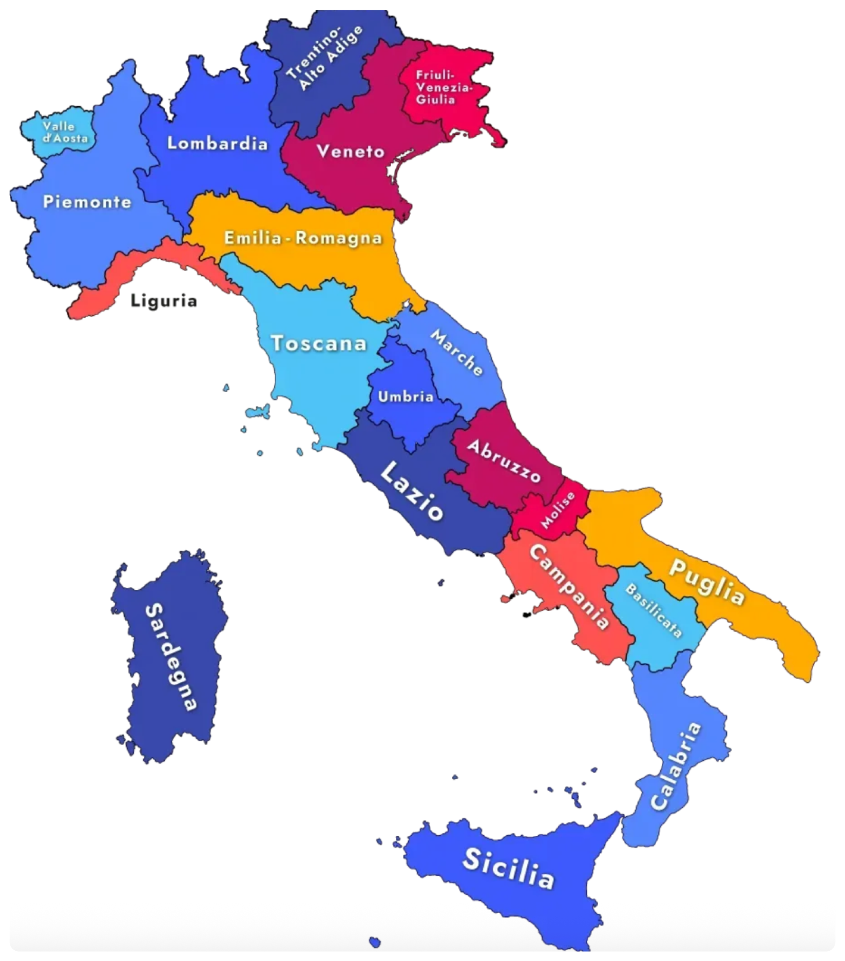 Color-coded map of Italy highlighting its regions, including Sicilia, Sardegna, Lazio, Toscana, Lombardia, Veneto, and others with labeled names.