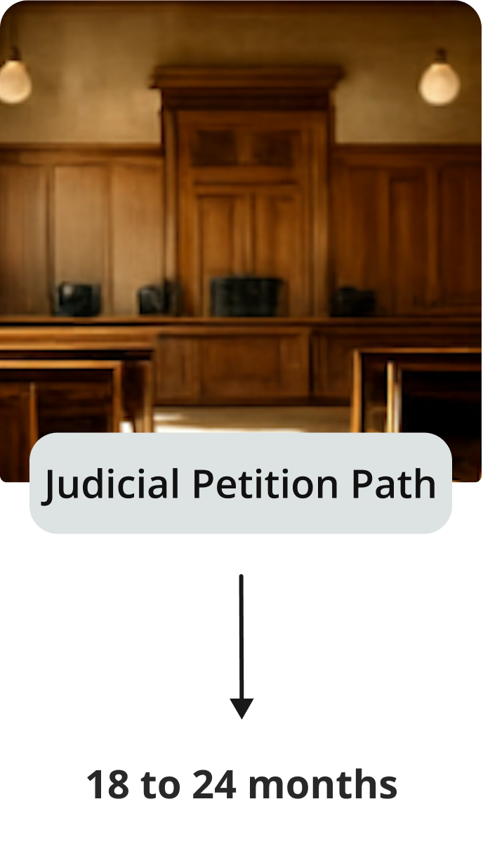 Wood-paneled courtroom with judge's bench and chairs, labeled Judicial Petition Path with an arrow pointing to text reading 18 to 24 months.