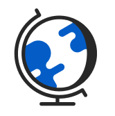 Simplified illustration of a globe showing blue continents on a white background with a black stand.