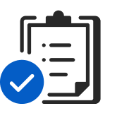 Clipboard with checklist and a blue circle containing a white checkmark.