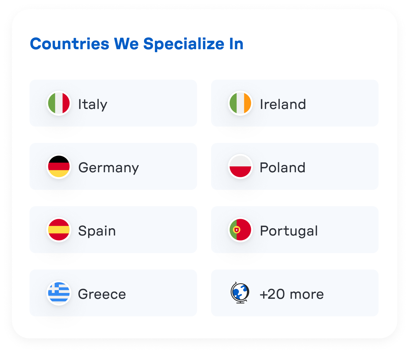 List of countries specialized in with their flags: Italy, Ireland, Germany, Poland, Spain, Portugal, Greece, and a globe icon indicating 20 more countries.