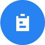 White clipboard icon on a blue circular background.