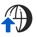 Globe icon with a blue upward arrow symbol.