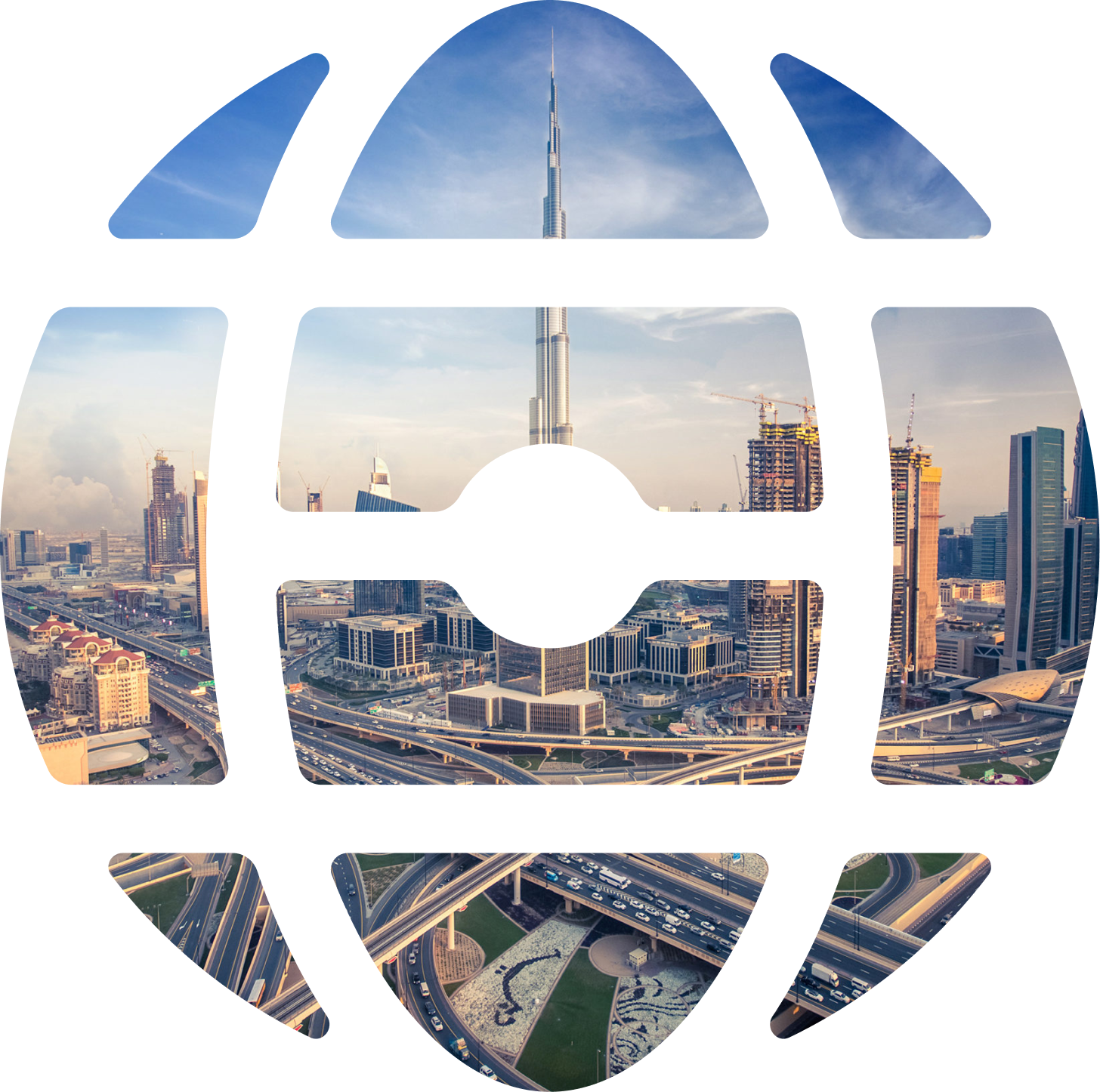 Aerial view of Dubai's cityscape with Burj Khalifa towering centrally, surrounded by roads and skyscrapers.
