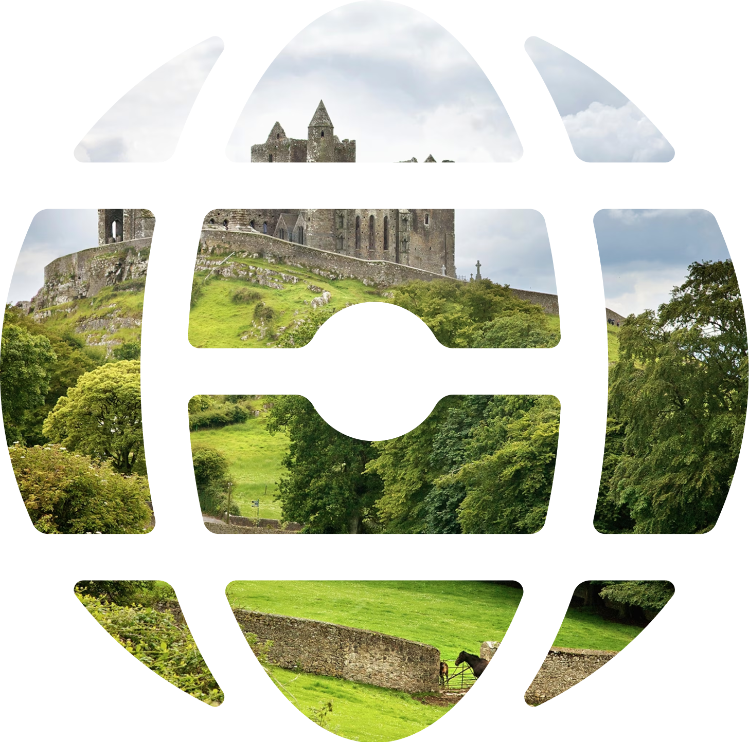 Landscape with a historic stone castle on a hill surrounded by green trees and fields with a horse near a stone wall.