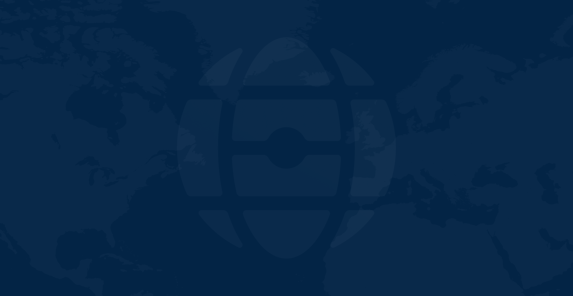 Dark blue map showing parts of North America, Europe, and Africa with a faint globe icon overlay.