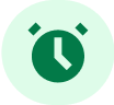 Green alarm clock icon on a light green circular background.