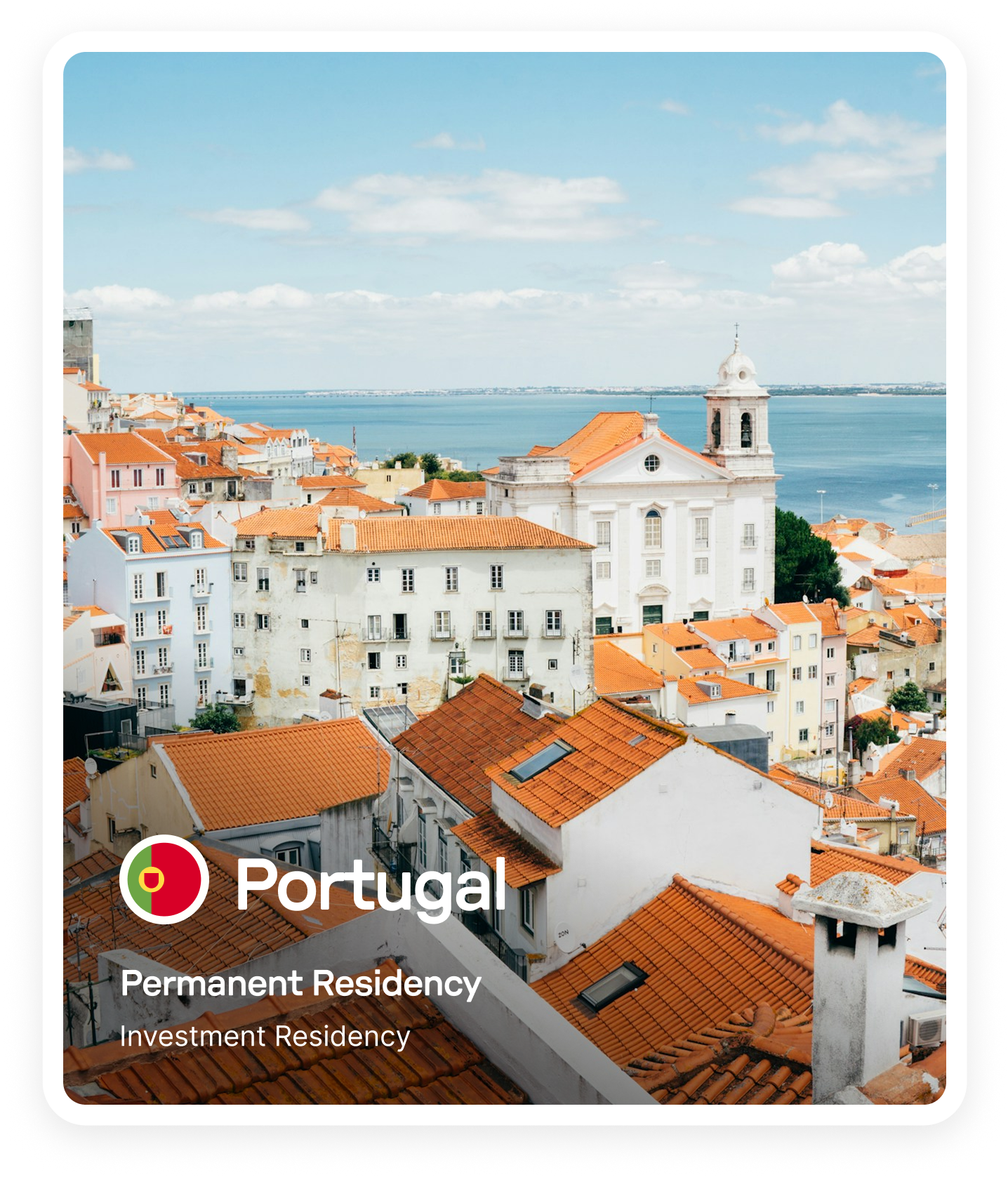View of a coastal Portuguese town with red-tiled roofs, white buildings, and a church near a blue sea under a partly cloudy sky.