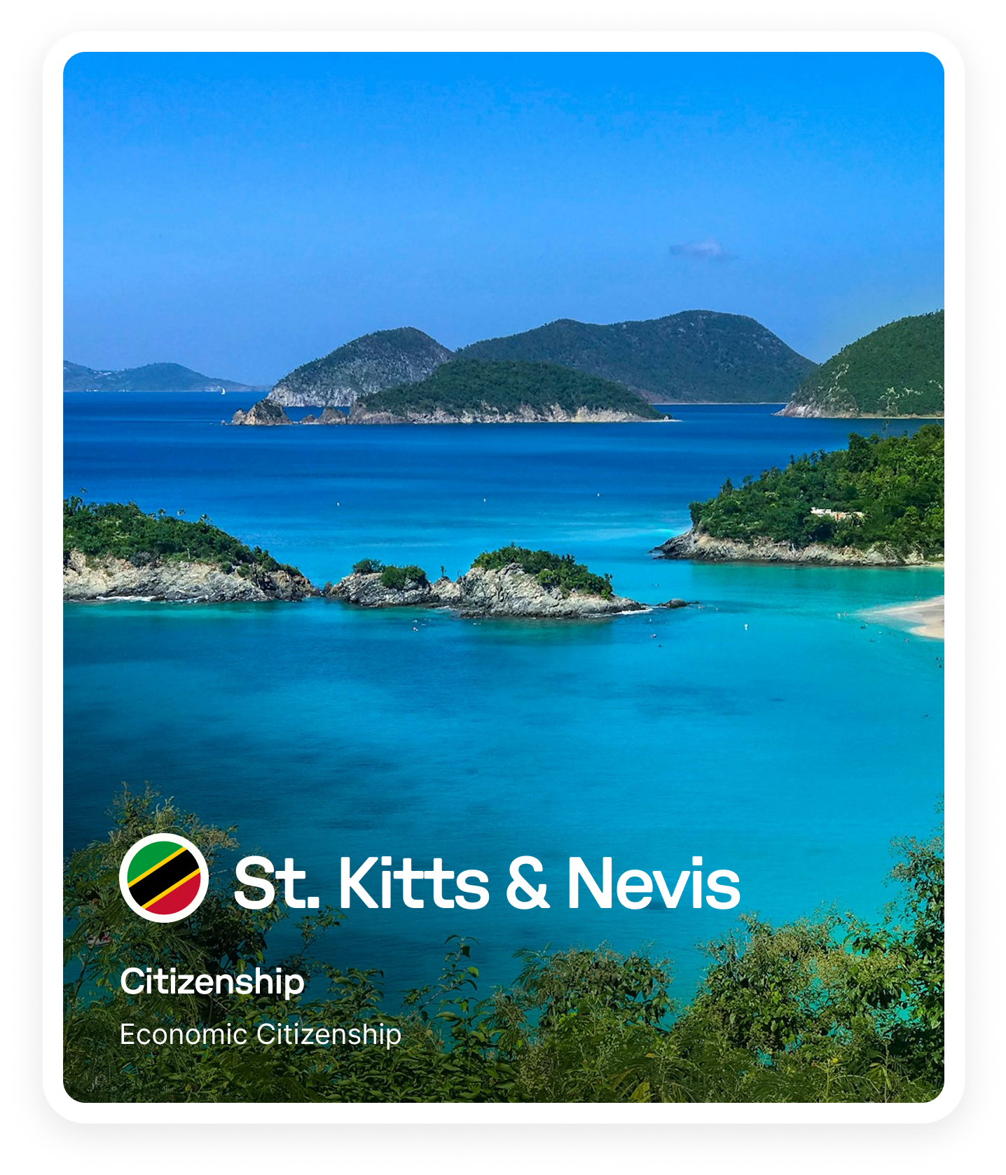 View of turquoise waters and green islands under a clear blue sky in St. Kitts & Nevis.