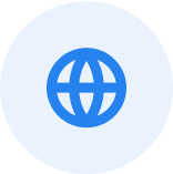 Blue circular icon with a globe symbol in the center.
