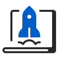 Blue rocket taking off from an open laptop screen.