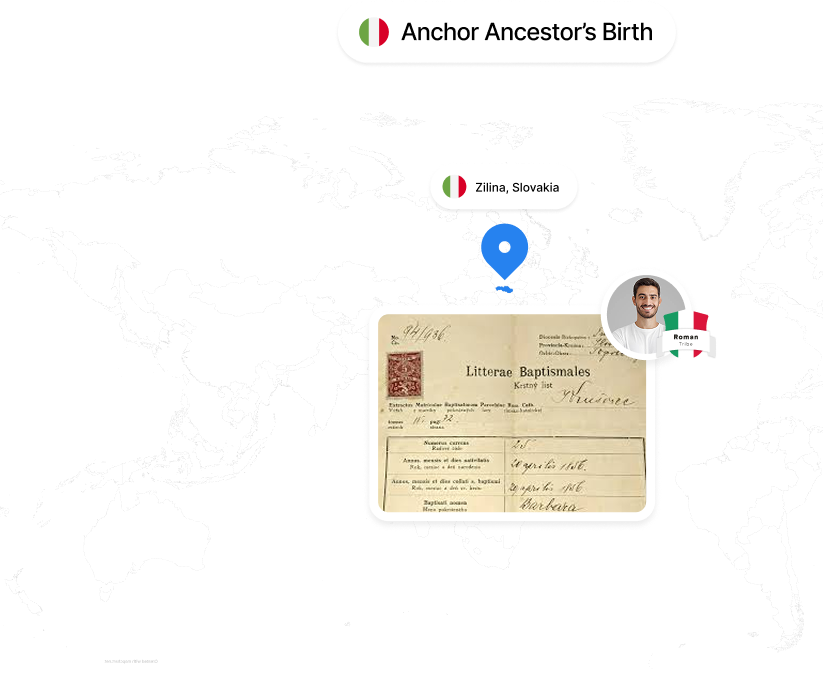 World map highlighting Zilina, Slovakia with a blue location marker and an inset of a vintage baptismal record, alongside a photo of a smiling man labeled Roman indicating Roman tribe ancestry.