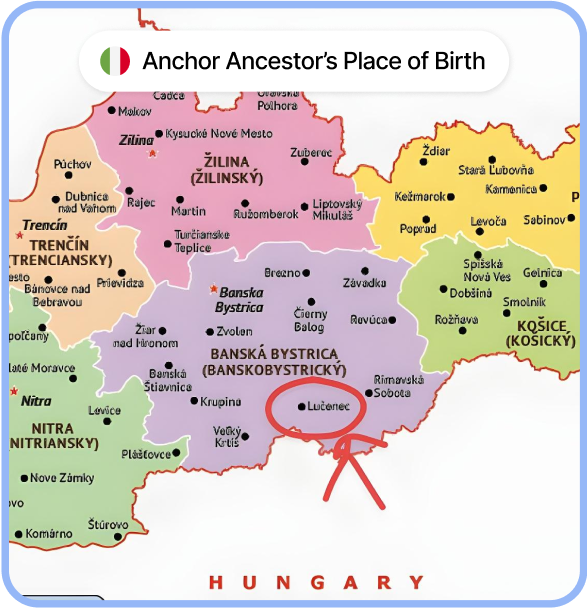 Map highlighting Lučenec in Banská Bystrica region of Slovakia as anchor ancestor’s birthplace, with surrounding regions and Hungary to the south.