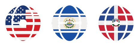 Three globe icons styled with the flags of the United States, El Salvador, and the Dominican Republic.