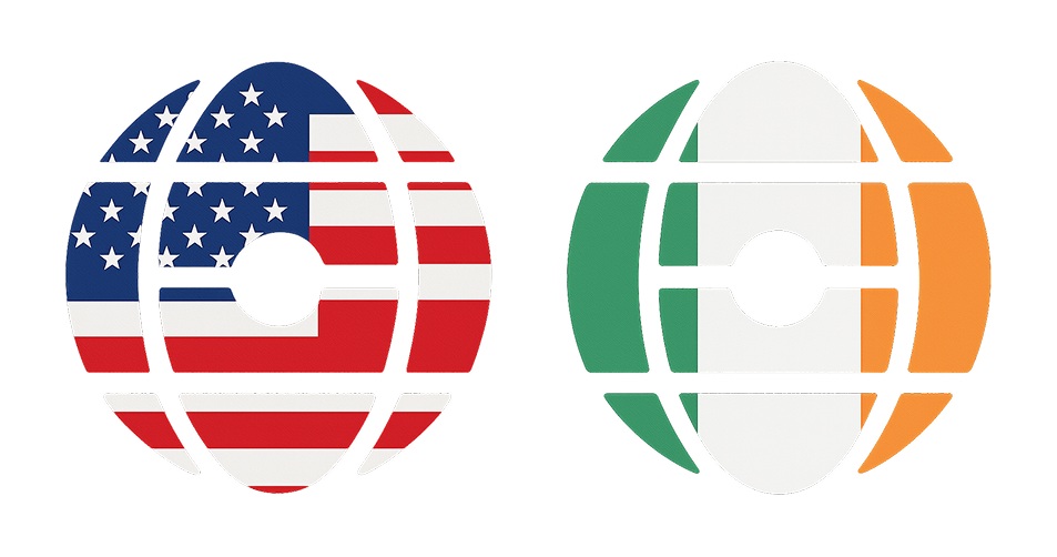 Two globe icons side by side formed by segmented curved lines, the left globe filled with the American flag colors and stars, the right globe filled with the Irish flag colors green, white, and orange.