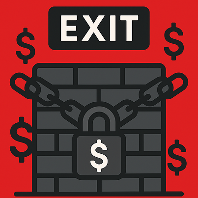 Brick wall secured with a lock and chains featuring dollar signs, with an EXIT sign above on red background.