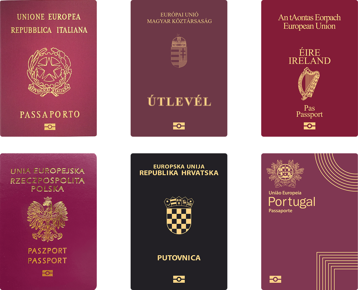 Six European Union passports from Italy, Hungary, Ireland, Poland, Croatia, and Portugal, each with respective national emblems and text in native languages.